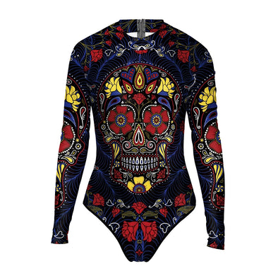 NADANBAO Skull Punk Women Sexy Swimsuits Long Sleeve Plus Size Cosplay Costumes Elastic Slim Swimming Outfit Bodysuits