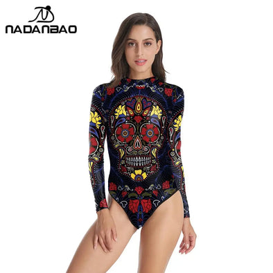 NADANBAO Skull Punk Women Sexy Swimsuits Long Sleeve Plus Size Cosplay Costumes Elastic Slim Swimming Outfit Bodysuits