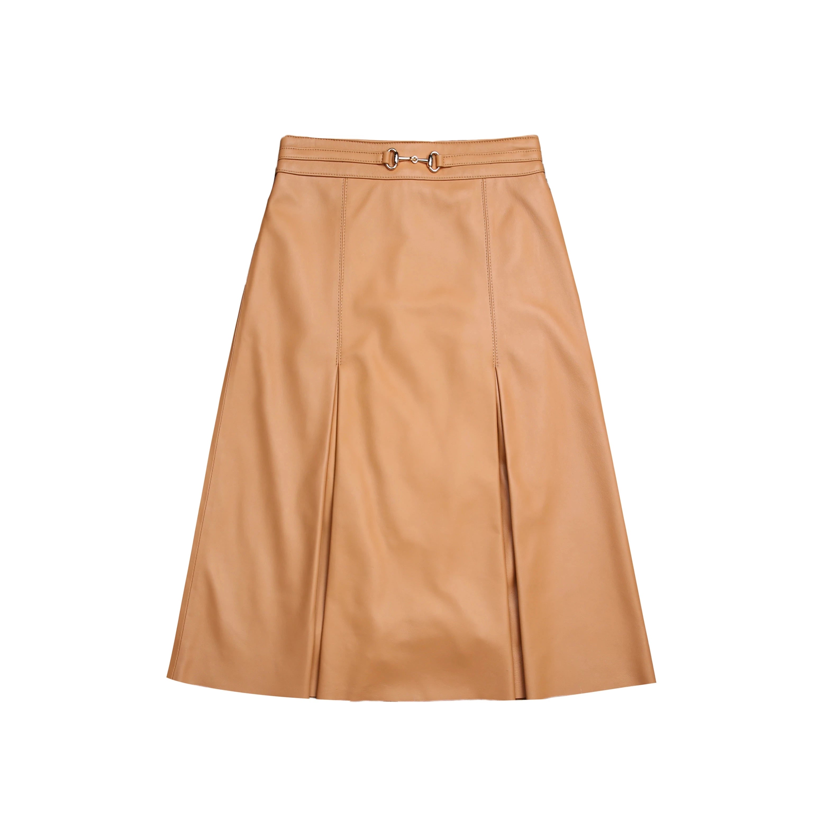 Camel Solid Pleated Elegant Leather Skirt