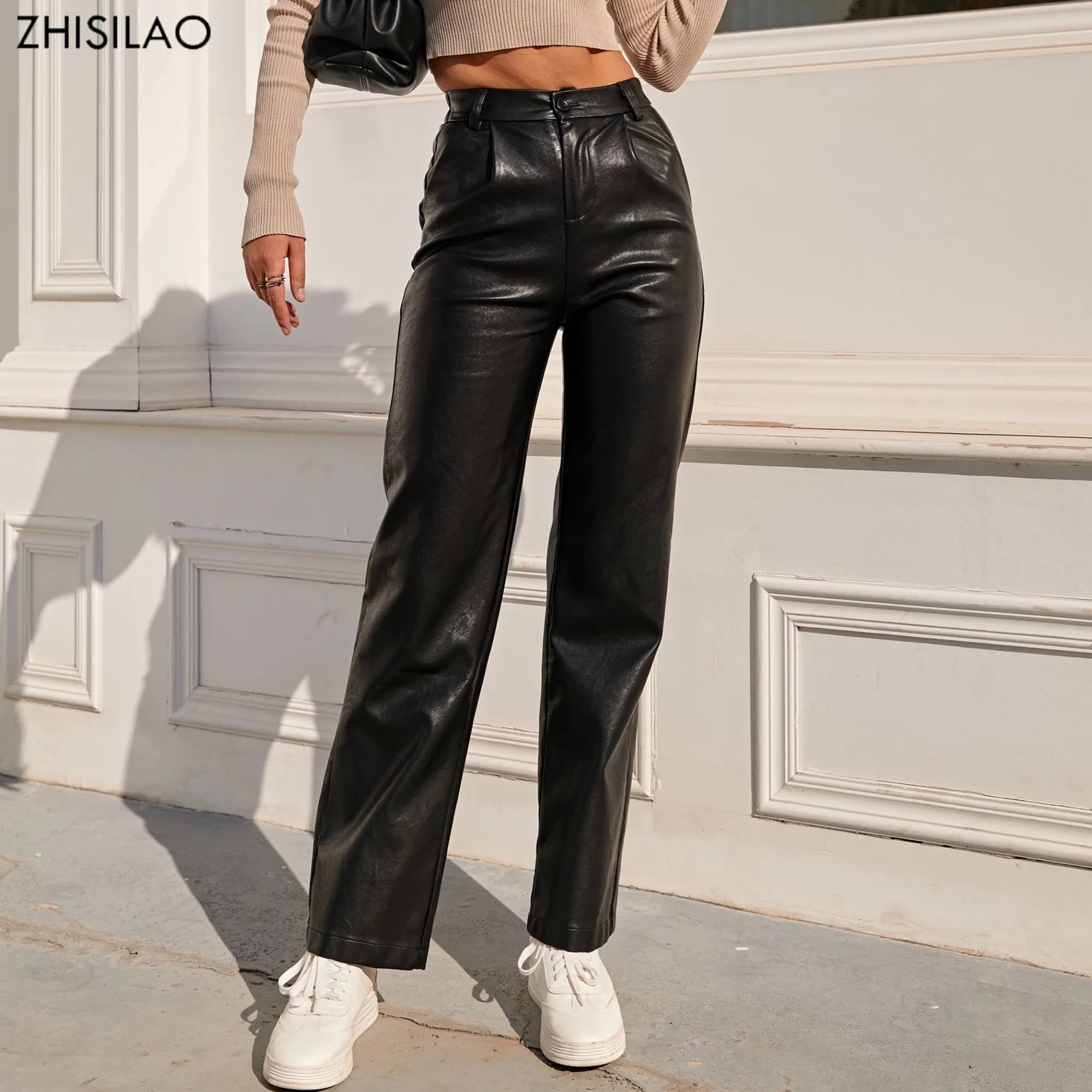 Faux Leather Elastic Waist Cargo Pants