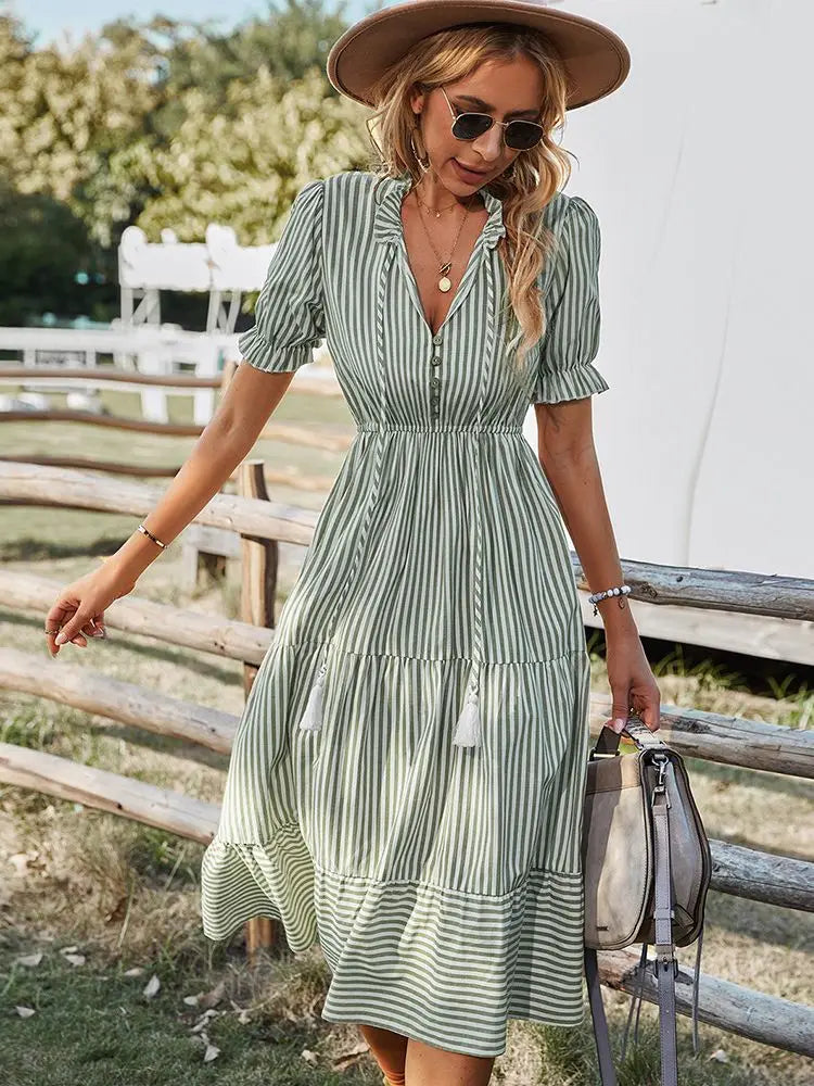 Pleated Stripe Maxi Dress