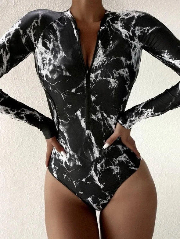 Summer Print Zipper One Piece Swimsuit Closed Long Sleeve Swimwear Sports Surfing Women's Swimming Bathing Suit Beach Bather