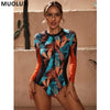 MUOLUX One Piece Swimwear Women Swimsuit 2024 bikini Floral Print Long Sleeves Rash Guard Surfing Monokini Bathing Suit Beach