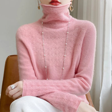 High Neck Hollow Wool Sweater Women Long Sleeved Solid Color Warm And Elegant Pullover For AutumnWinter 100% Merino Wool Jumper