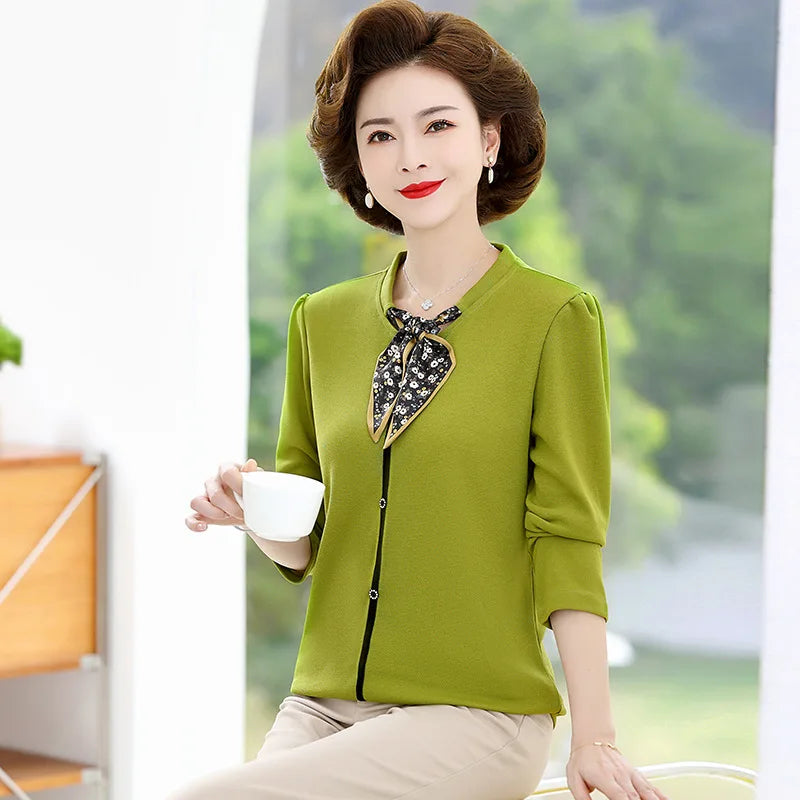 Autumn Middle-Aged Mother Knitting Button Fashion Bow collar Long Sleeved Shirt Fashion Pullovers Tops