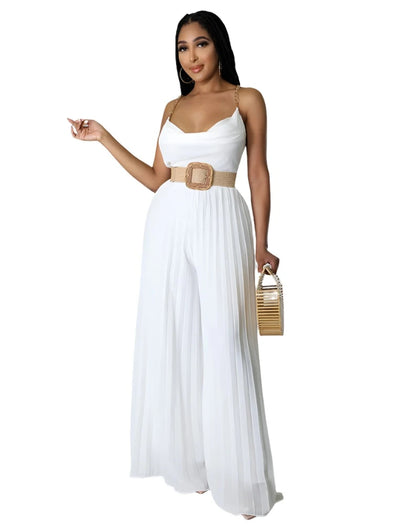 Summer Solid Pleated Wide Leg Jumpsuit