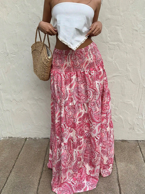 Vacation Style Stretchy Waist Long Maxi Skirt - Flowy Beach Skirt with Elastic Waistband