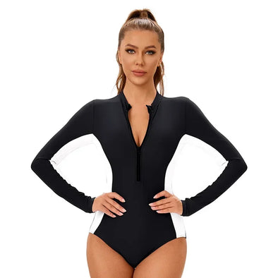 Surfing Suit Women One Piece Swimsuit Long Sleeve Conservative Bikini Sunscreen Sports Beach Vacation Zipper Swimwear 2025 New