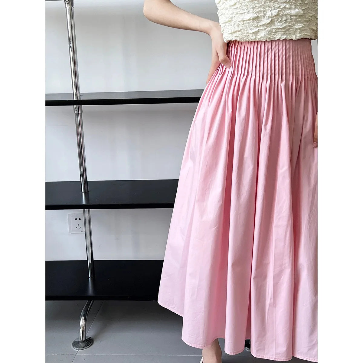 Long Skirt Korean Fashion Elegant Ladies Elastic High Waist A-Line Midi Pleated Skirt White Black Pink Gonna