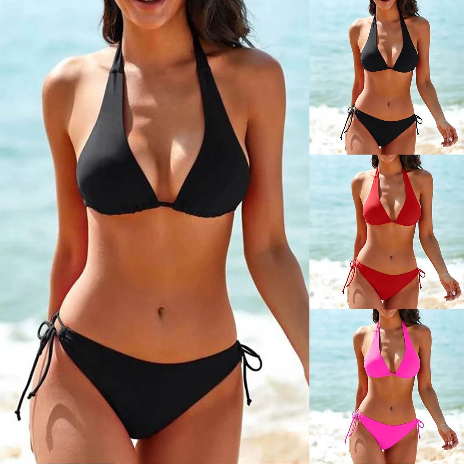 2024 Sexy Halter Bikini Swimsuit Low Waisted Black/Red/Rose Beach Bathing Suit Cheap Bandage Brazilian Swimwear Two Pieces Sale