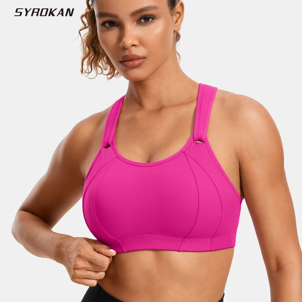 SYROKAN Sports Bra Front Adjustable High Impact Support  Lightly Padded Wireless Racerback Workout Running Brassiere Tops Bras