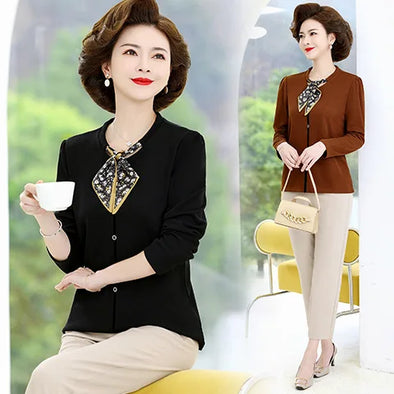 Autumn Middle-Aged Mother Knitting Button Fashion Bow collar Long Sleeved Shirt Fashion Pullovers Tops