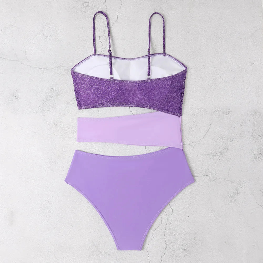 New Shiny Purple Contrast Swimsuit 2023 Women Halter Hollow Out Patchwork One Piece Swimwear Beach Bathing Suit Pleate Monokini