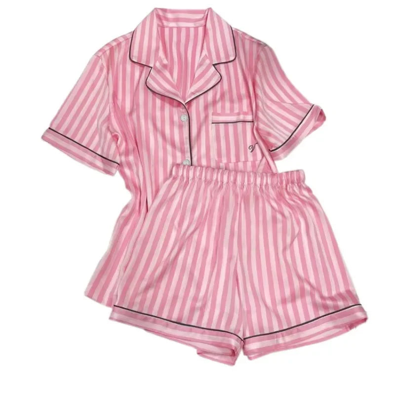 High-grade Striped Short-sleeved Pajamas for Women Summer Wear Thin Lapel Home Clothes Pajamas Set for Women Nightwear Nightie