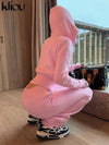 kliou Wild Casual Women Autumn 2 Piece Set New Matching Outfits Sporty Hooded Zip-up Crop Tops+Bandage Straight Pants Tracksuits