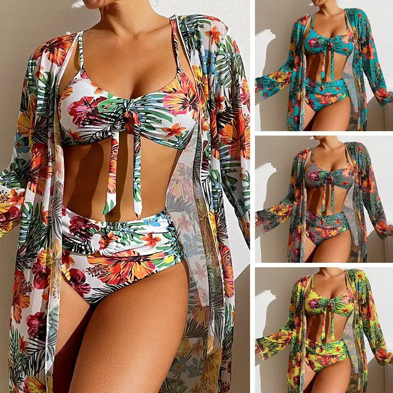 Size S-3XL Bikini Three Pieces Floral Printed Swimsuit Women Bikini Set With Mesh Long-Sleeved Blouse,Bra Top with Pad Swimwear