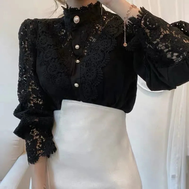 Vintage Solid White Lace Blouse Shirts Women New Korean Button Loose Shirt Tops Female Hollow Casual Ladies Blouses Blusas 12928