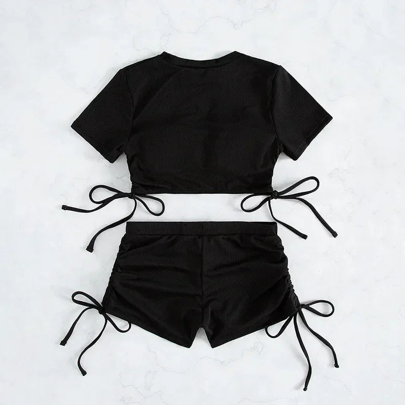 Crop Top Shorts Bottom Swimsuits Women Black Drawstring Swimwear Ribbed Bikinis Set Bathing Suit Beach Wear Bikini Mujer Swim