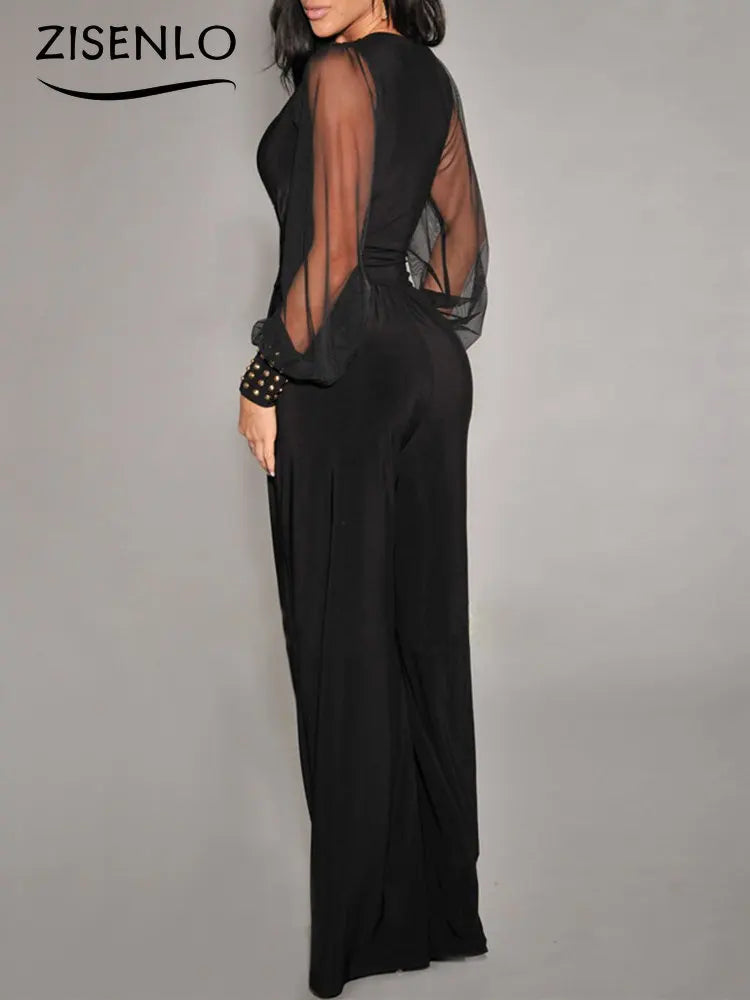 V Neck Long Sleeves Lapel Solid Jumpsuit