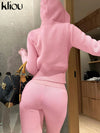 kliou Wild Casual Women Autumn 2 Piece Set New Matching Outfits Sporty Hooded Zip-up Crop Tops+Bandage Straight Pants Tracksuits