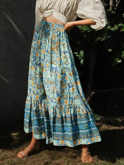 Vintage Chic Fashion Women Beach Bohemian Floral Print  Hippie Skirt High Elastic Waist  Gothic  A-Line Boho Maxi Skirts Femme