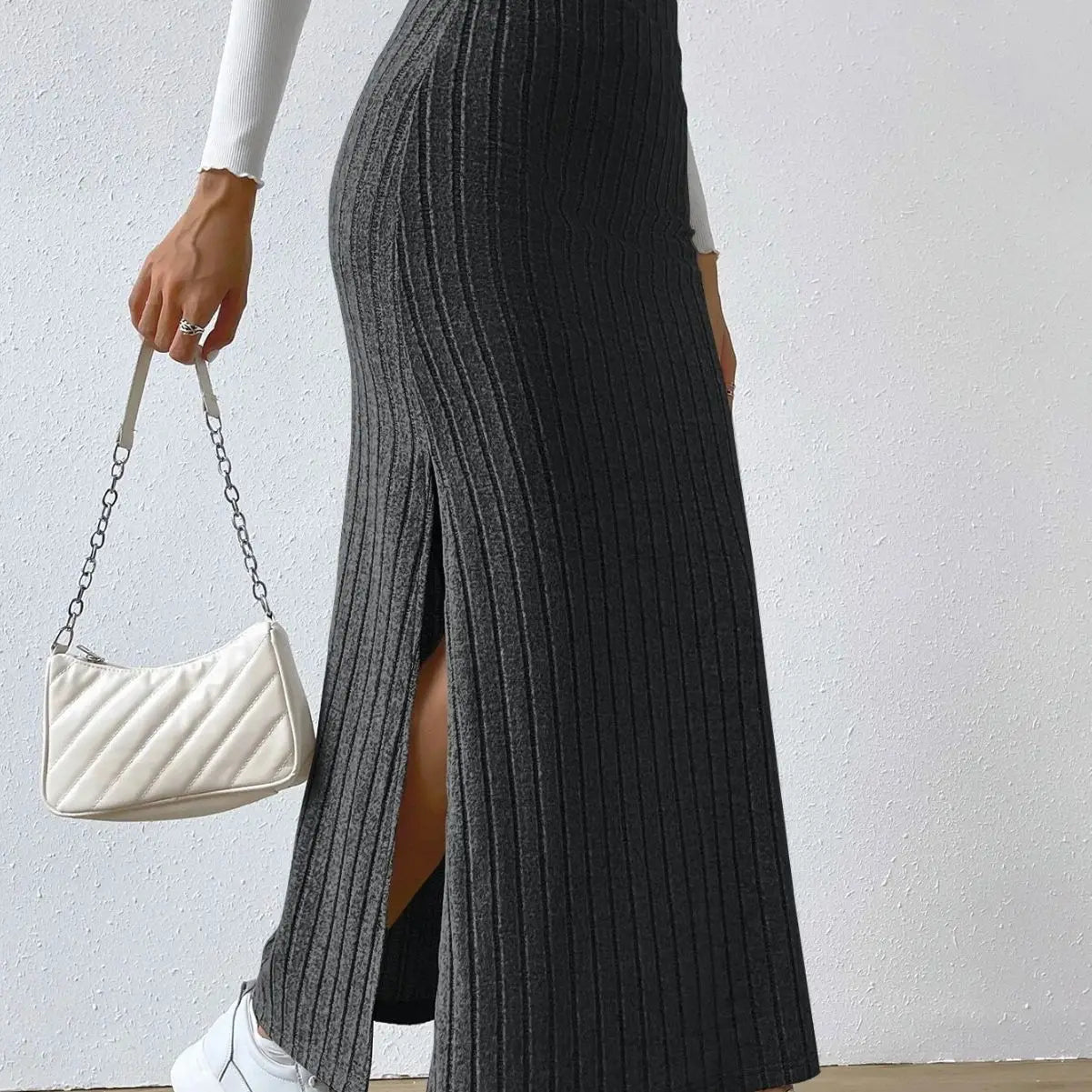 Spring Autumn Casual Women High Waist Skirt Sexy Knitted Side Slit Skirt Elegant Solid Office Long Skirts For Women Fashion 2024