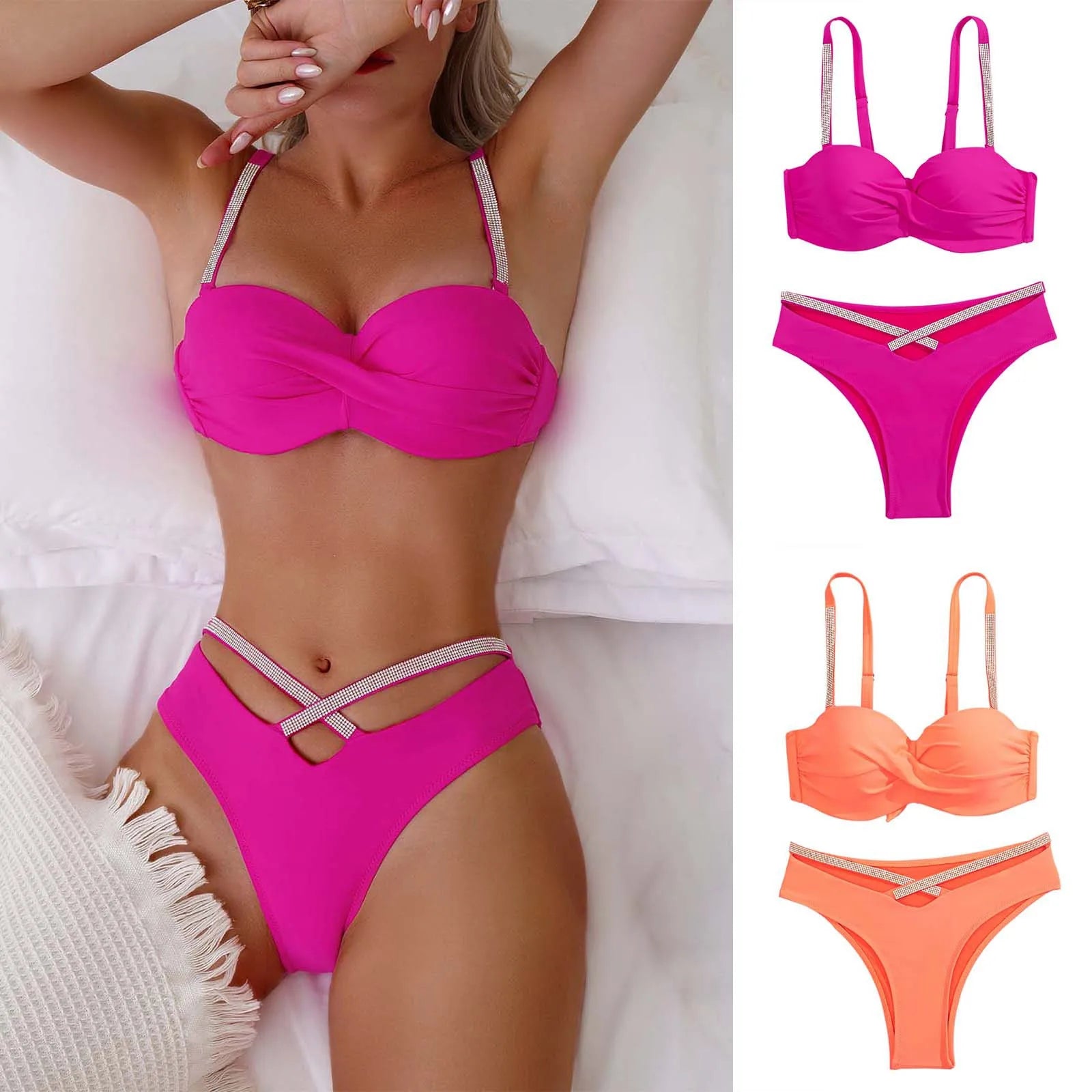 Fashion Shiny Rhinestone Two Pieces Bikini Solid Color Double Shoulder Thin Shoulder Straps Push Up Swimwears Pleated Swimsuit