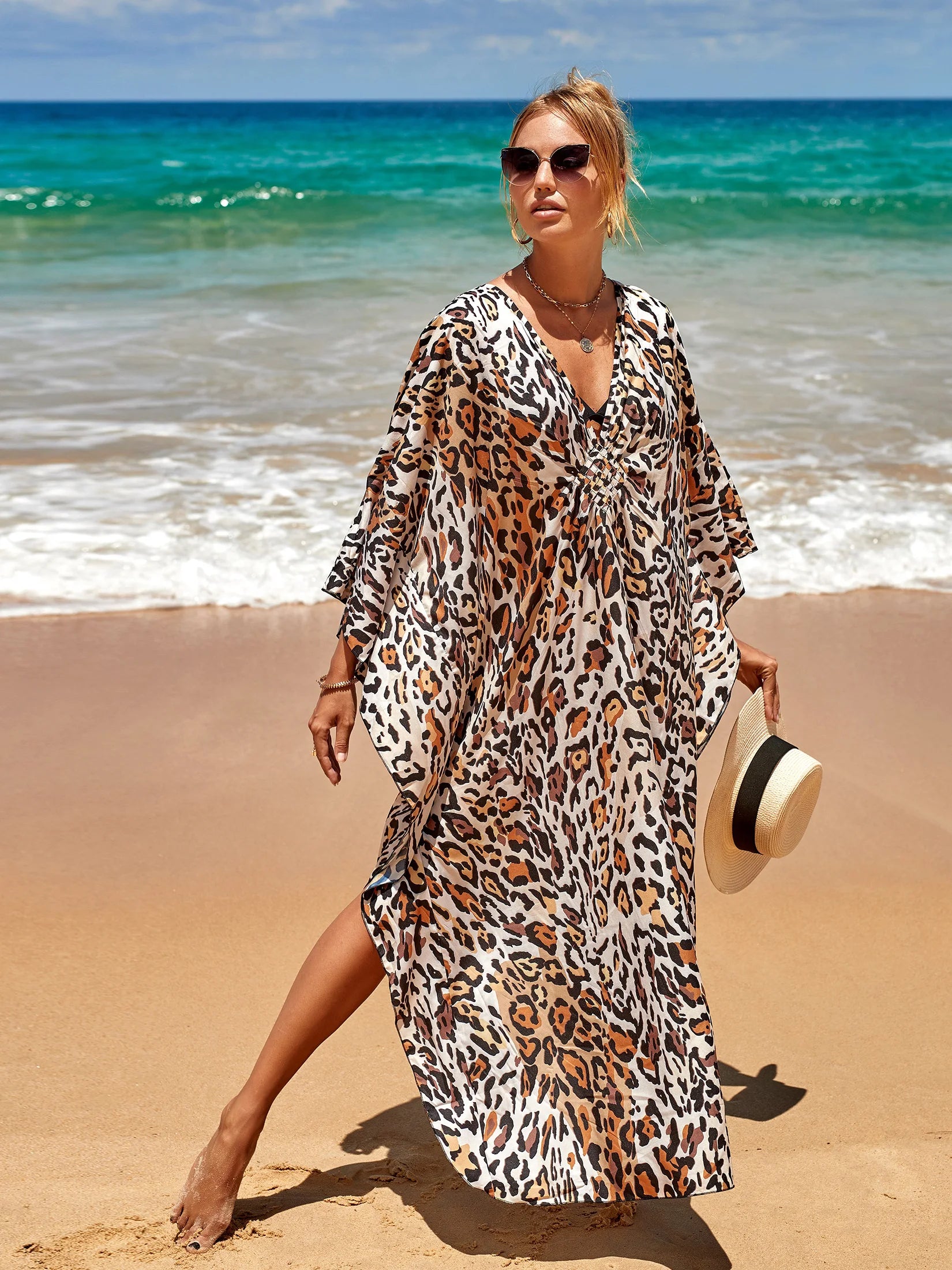 2024 Sexy Leopard Printed Bikini Cover-ups Casual V-neck Side Split Summer Beach Dress Women's Beachwear Swimsuit Cover Up Q1297