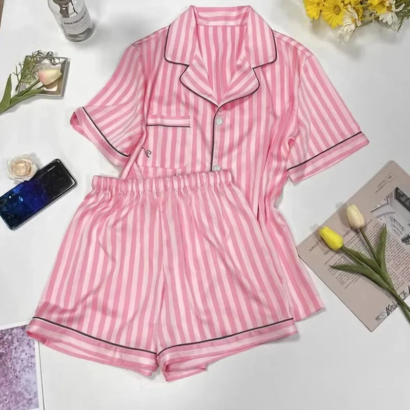 High-grade Striped Short-sleeved Pajamas for Women Summer Wear Thin Lapel Home Clothes Pajamas Set for Women Nightwear Nightie