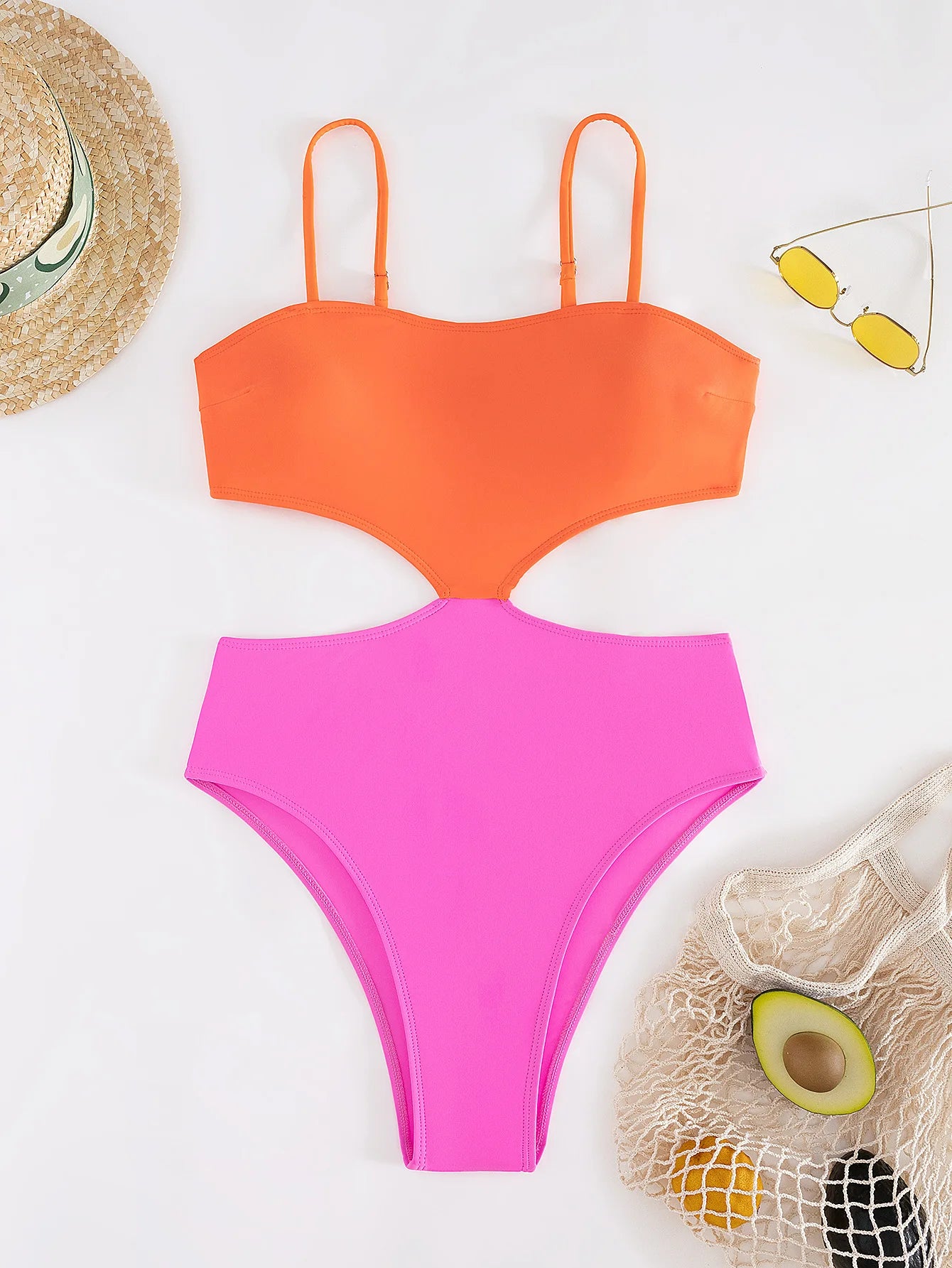 Sexy Orange Pink Patchwork Swimwear Women Contrast Hollow Out Backless High Waist Bikini 2024 Bathing Suit One Piece Swimsuit