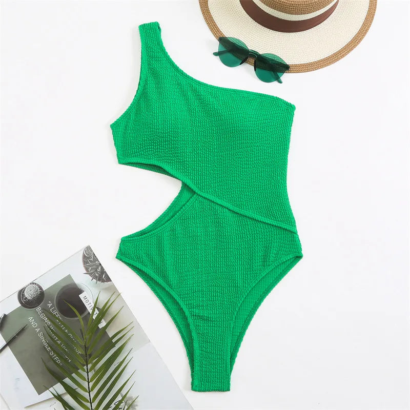 2022 Women One Piece Swimsuit One Shoulder Solid Female Swimwear Ribbed Monokini Women Bathing Suit Beachwear Swimming Suits