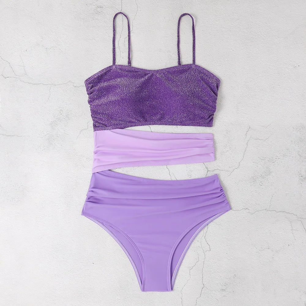 New Shiny Purple Contrast Swimsuit 2023 Women Halter Hollow Out Patchwork One Piece Swimwear Beach Bathing Suit Pleate Monokini