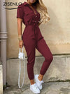 Casual Lapel Buckle Printed Belt Jumpsuit