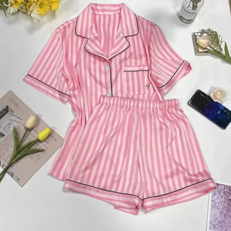 High-grade Striped Short-sleeved Pajamas for Women Summer Wear Thin Lapel Home Clothes Pajamas Set for Women Nightwear Nightie