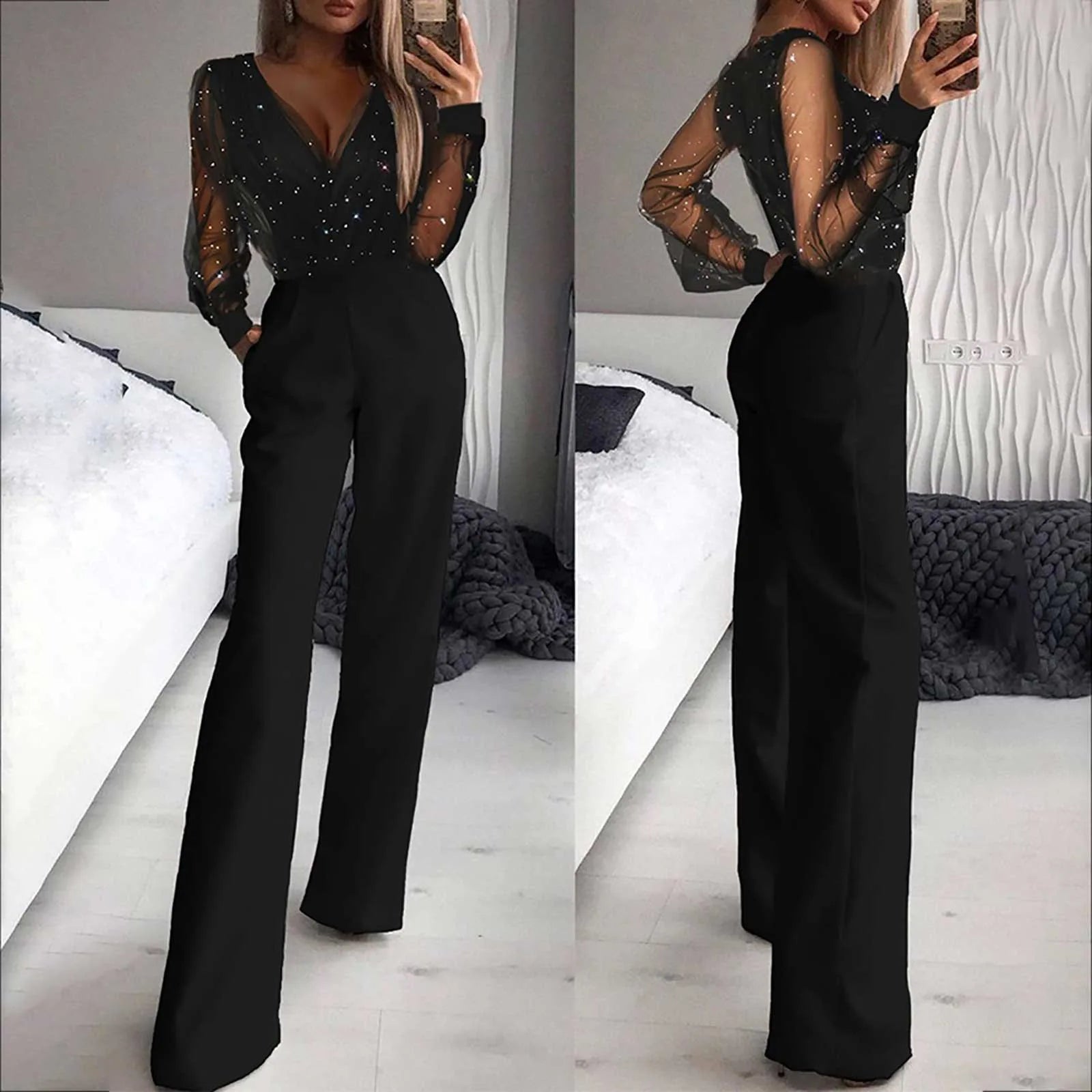 Black V-Neck Mesh Sequins Jumpsuit