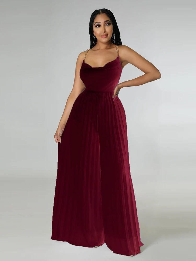 Summer Solid Pleated Wide Leg Jumpsuit