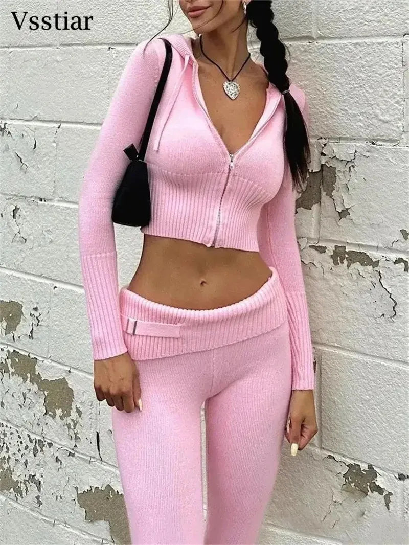 Vsstiar Women Casual Two Piece Set Long Sleeve Zip Up Hooded Crop Top High Waist Knitted Pants Fashion Solid Slim Matching Suits