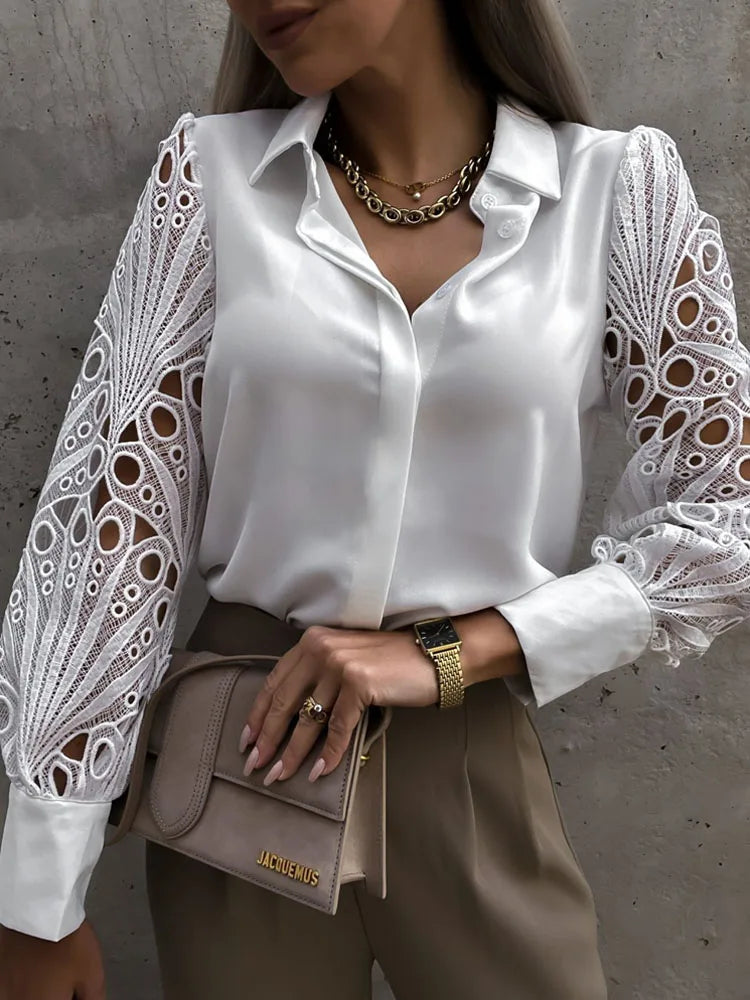 White Sexy Lace Hollow Out Women Blouse 2024 Spring Black Vintage Button Up Shirts Top Long Sleeve Mesh Design Tops Femme 19948