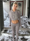 Vsstiar Women Casual Two Piece Set Long Sleeve Zip Up Hooded Crop Top High Waist Knitted Pants Fashion Solid Slim Matching Suits