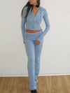 Women Fall 2 Piece Outfits Ribbed Knit Slim Fit Long Sleeve Zip Up Crop Jacket Skinny Flare Pants Loungewear Sets