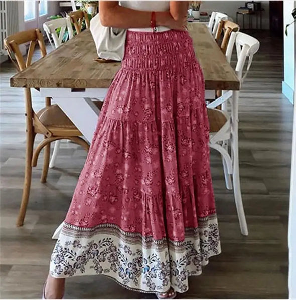 New Printed Swing Skirt Women's, Bohemian Casual High Waist Long Dress Beach Dress Spring Summer