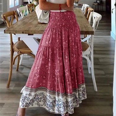 New Printed Swing Skirt Women's, Bohemian Casual High Waist Long Dress Beach Dress Spring Summer