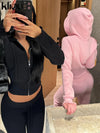 kliou Wild Casual Women Autumn 2 Piece Set New Matching Outfits Sporty Hooded Zip-up Crop Tops+Bandage Straight Pants Tracksuits