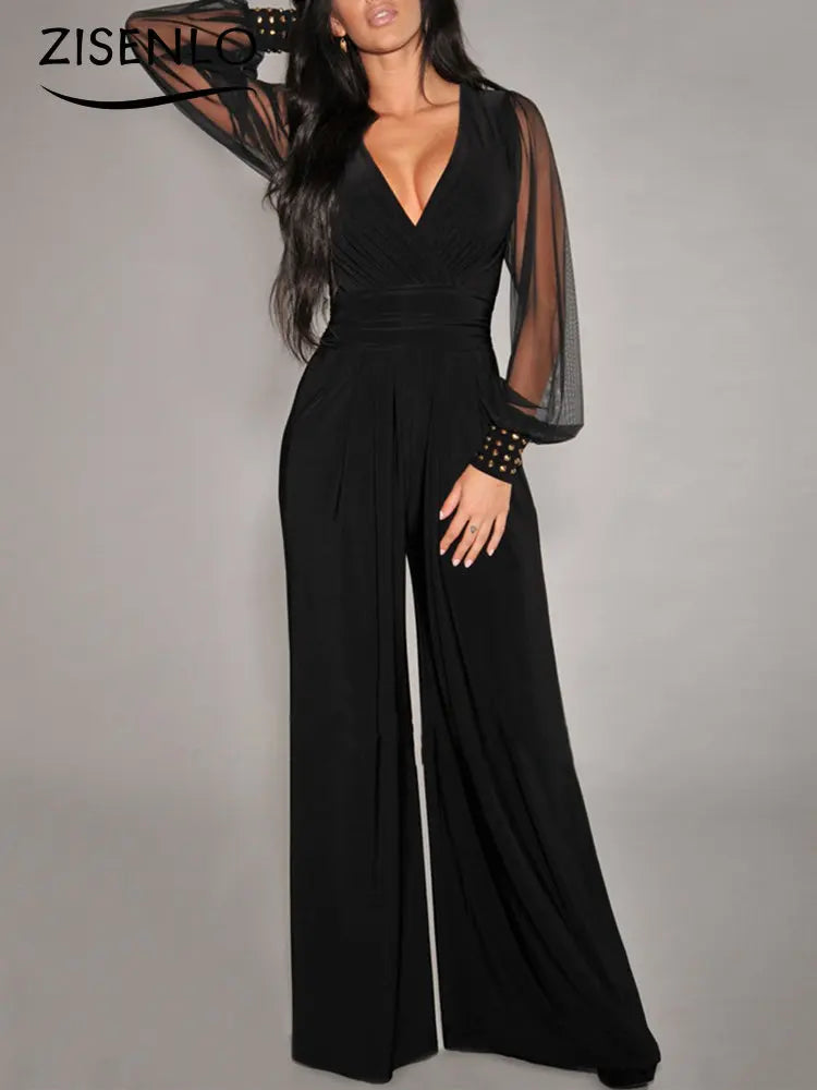 V Neck Long Sleeves Lapel Solid Jumpsuit