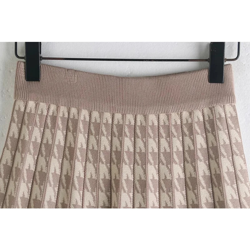 TIGENA Vintage Houndstooth Knitted Skirt for Women 2023 Autumn Winter Elegant Plaid High Waist Pleated Midi Long Skirt Female