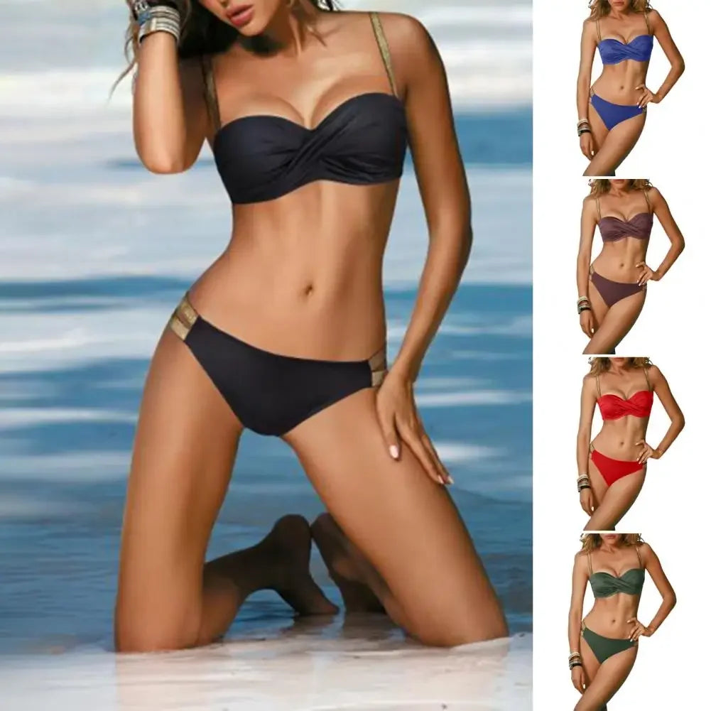 Sexy Golden Waist Belt Bikini Set Solid Color Summer Women Push Up Gathering Swimsuit Female Bathing Suit for Swimming Pool