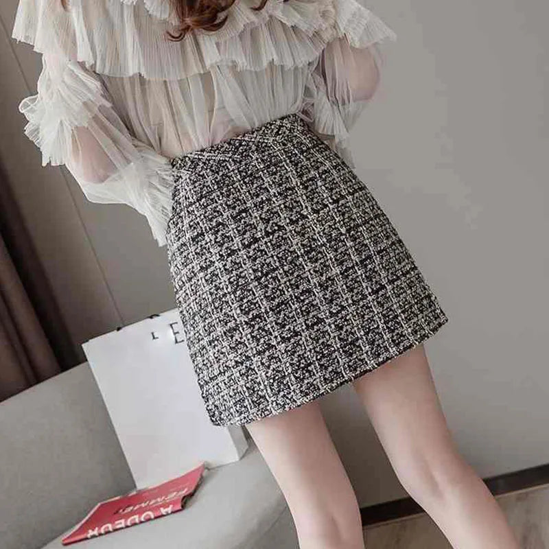 Lucyever Vintage Plaid Tweed Skirt Women Korean High Waist Office Mini Skirts Ladies Fall Winter Thicken Zip A-line Wool Skirt