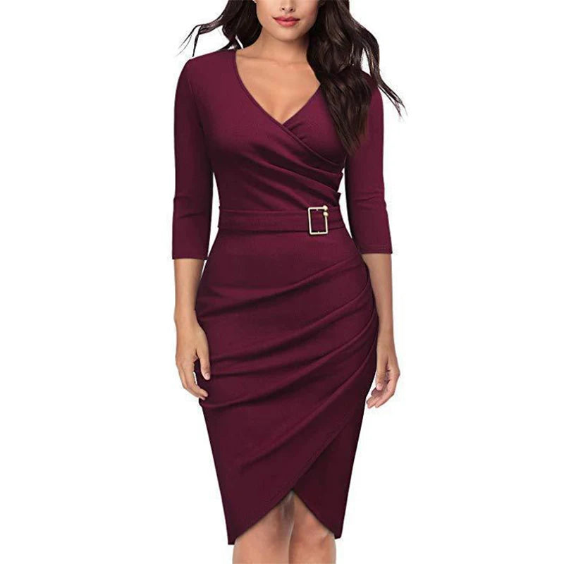 New Long Dresses Women Knee-length Elegant Fashion V Neck Long Sleeve Waistband Slim Fit Official Evening Banquet Hip Wrap Dress