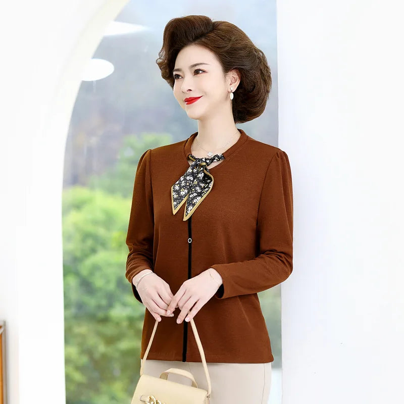 Autumn Middle-Aged Mother Knitting Button Fashion Bow collar Long Sleeved Shirt Fashion Pullovers Tops