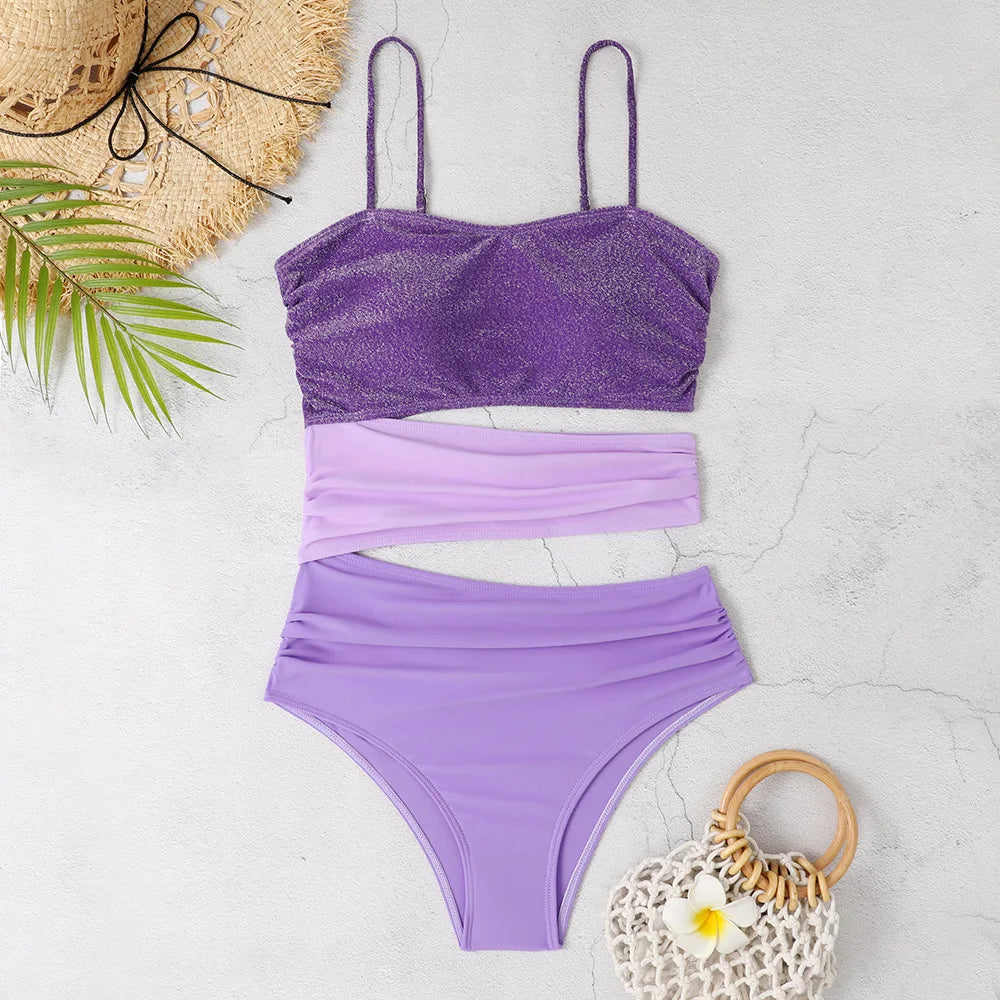 New Shiny Purple Contrast Swimsuit 2023 Women Halter Hollow Out Patchwork One Piece Swimwear Beach Bathing Suit Pleate Monokini